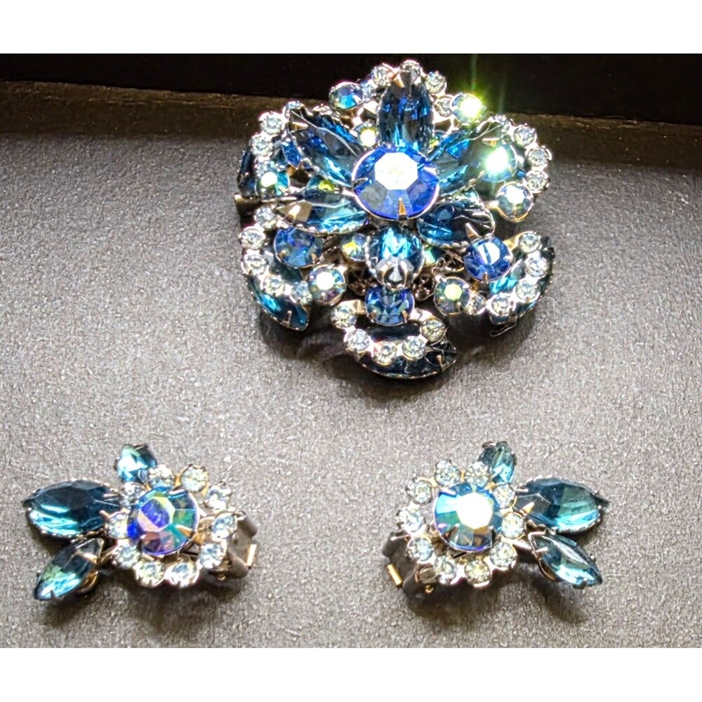 Signed Beau Jewels Blue Aurora Borealis Rhinestone Brooch & Clip Earrings Set